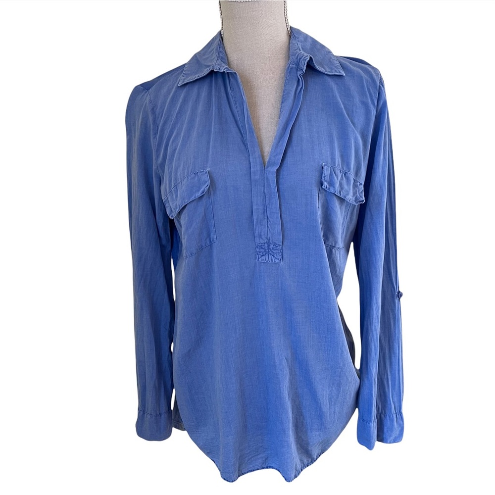 Splendid Blue Popover Mixed Material Shirt Medium